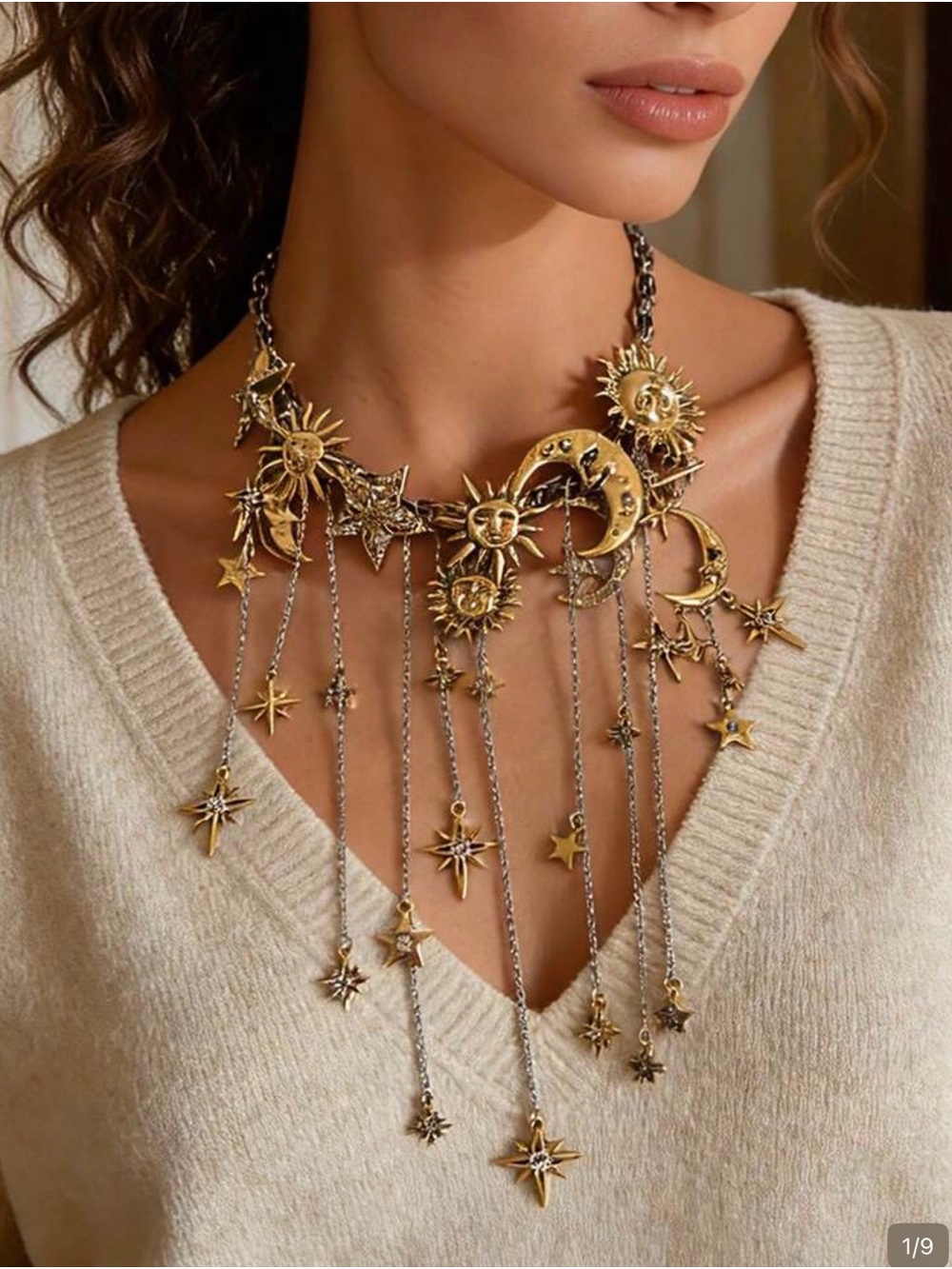 Celestial Sun Moon & Stars Tassel Statement Necklace